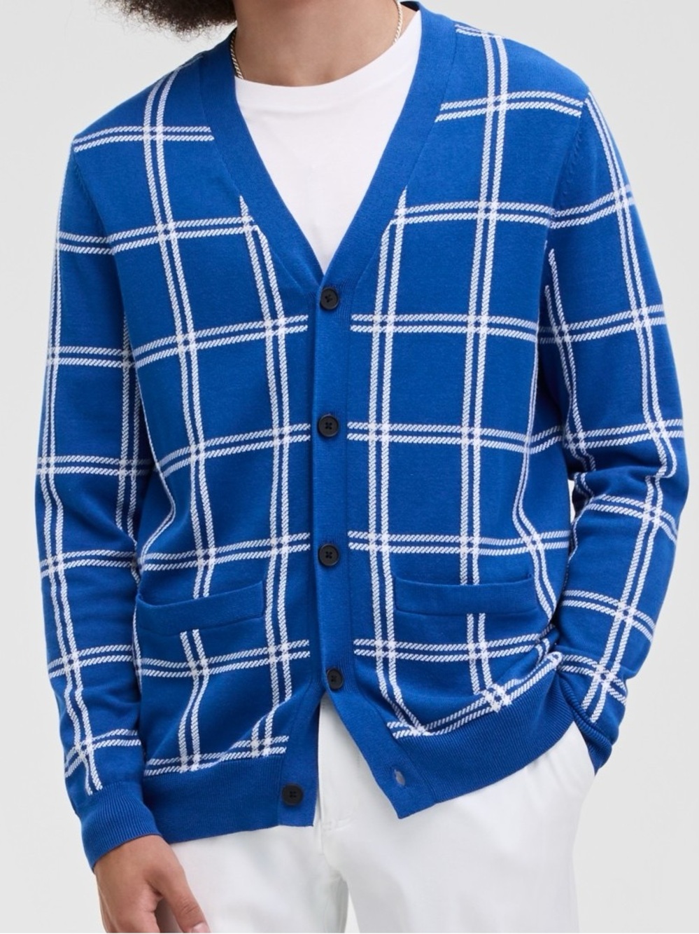 Club Room Men's Cotton Windowpane Plaid Frat Cardigan Sweater